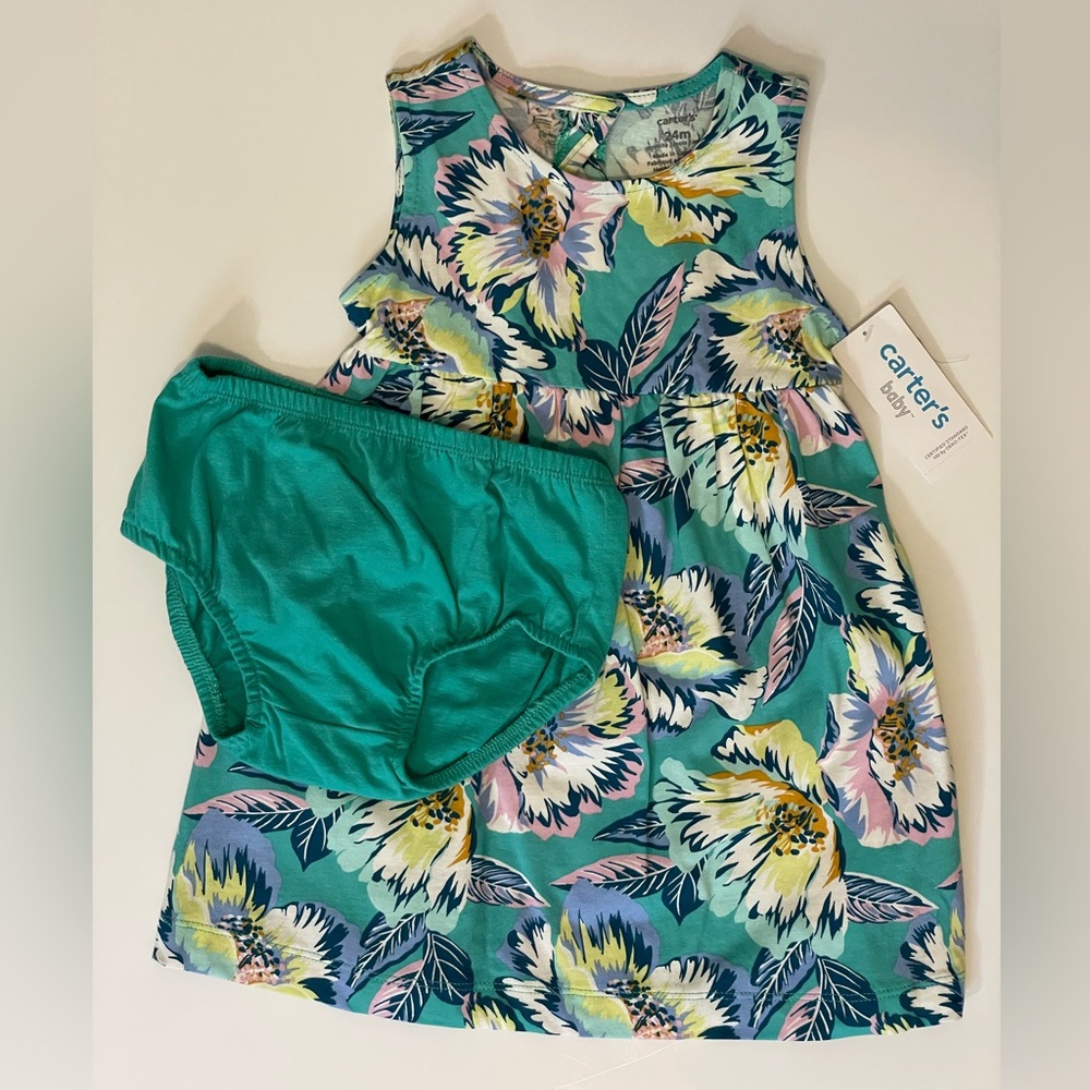 NWT Carter’s Baby 24M Dress and Bloomers Diaper Cover in Teal Floral Cotton 2T